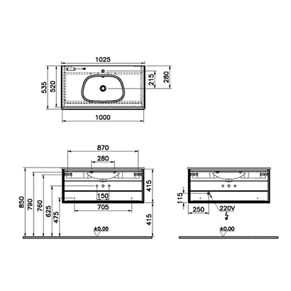 Vitra Frame Lavabo Dolabı 100 Cm, Bir Çekmeceli Beyaz Etajerli Lavabolu, Mat Soft Siyah & Hareli Siyah Meşe
