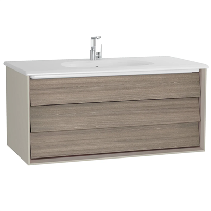 Vitra Frame Lavabo Dolabı 100 Cm, Bir Çekmeceli Beyaz Etajerli Lavabolu, Mat Soft Bej & Moka Meşe