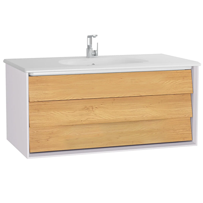 Vitra Frame Lavabo Dolabı 100 Cm, Bir Çekmeceli Beyaz Etajerli Lavabolu, Mat Soft Beyaz & Dore Meşe