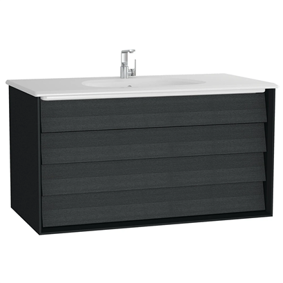 Vitra Frame Lavabo Dolabı 100 Cm, İki Çekmeceli Beyaz Etajerli Lavabolu, Mat Soft Siyah & Hareli Siyah Meşe
