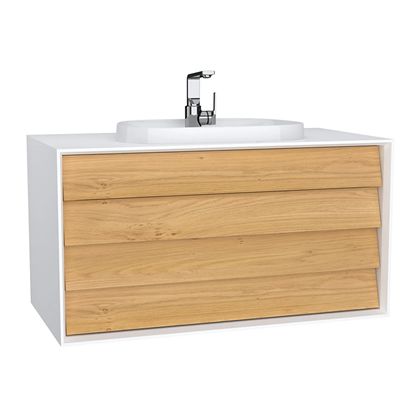 Vitra Frame Lavabo Dolabı 100 Cm, İki Çekmeceli Tezgahüstü TvShape Lavabolu, Armatür Delikli, Mat Soft Beyaz & Dore Meşe