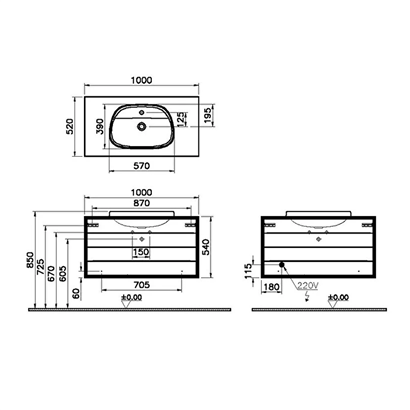 Vitra Frame Lavabo Dolabı 100 Cm, İki Çekmeceli Tezgahüstü TvShape Lavabolu, Armatür Delikli, Mat Soft Beyaz & Dore Meşe