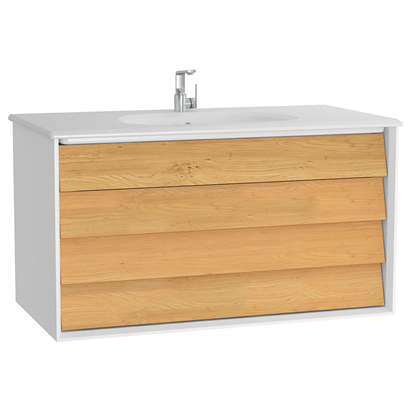 Vitra Frame Lavabo Dolabı 100 Cm, İki Çekmeceli Beyaz Etajerli Lavabolu, Mat Soft Beyaz & Dore Meşe
