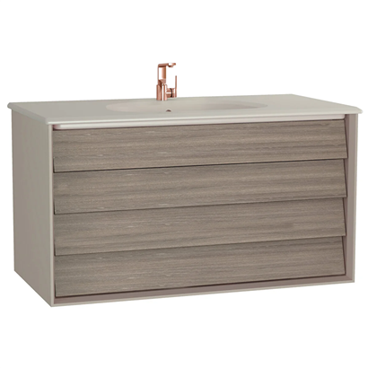Vitra Frame Lavabo Dolabı 100 Cm, İki Çekmeceli Mat Taupe Etajerli Lavabolu, Mat Soft Bej & Moka Meşe