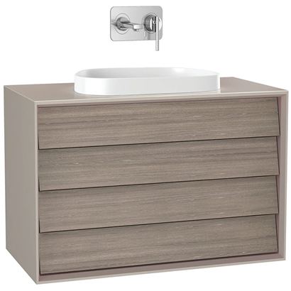 Vitra Frame Lavabo Dolabı 100 Cm, İki Çekmeceli Tezgahüstü TvShape Lavabolu, Armatür Deliksiz, Mat Soft Bej & Moka Meşe