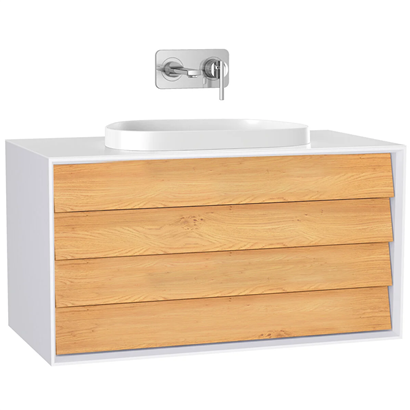 Vitra Frame Lavabo Dolabı 100 Cm, İki Çekmeceli Tezgahüstü TvShape Lavabolu, Armatür Deliksiz, Mat Soft Beyaz & Dore Meşe