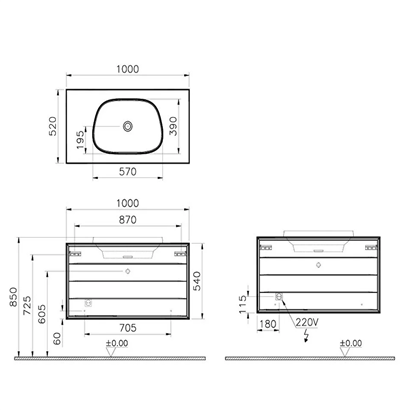 Vitra Frame Lavabo Dolabı 100 Cm, İki Çekmeceli Tezgahüstü TvShape Lavabolu, Armatür Deliksiz, Mat Soft Siyah & Hareli Siyah Meşe