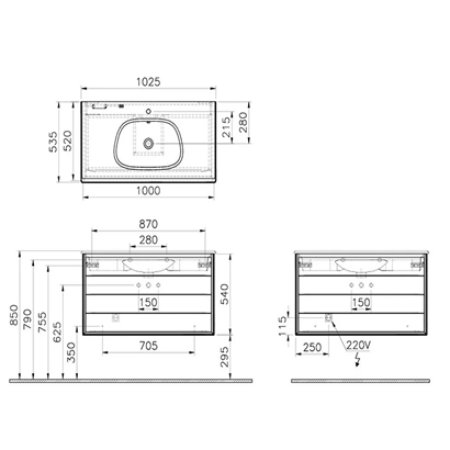 Vitra Frame Lavabo Dolabı 100 Cm, İki Çekmeceli Beyaz Etajerli Lavabolu, Mat Soft Siyah & Hareli Siyah Meşe