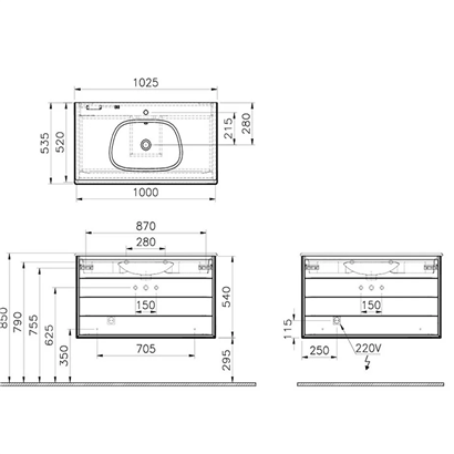 Vitra Frame Lavabo Dolabı 100 Cm, İki Çekmeceli Beyaz Etajerli Lavabolu, Mat Soft Beyaz & Dore Meşe