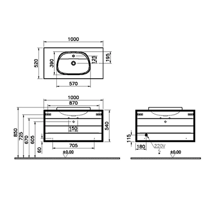 Vitra Frame Lavabo Dolabı 100 Cm, İki Çekmeceli Tezgahüstü TvShape Lavabolu, Armatür Delikli, Mat Soft Siyah & Hareli Siyah Meşe