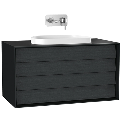 Vitra Frame Lavabo Dolabı 100 Cm, İki Çekmeceli Tezgahüstü TvShape Lavabolu, Armatür Deliksiz, Mat Soft Siyah & Hareli Siyah Meşe