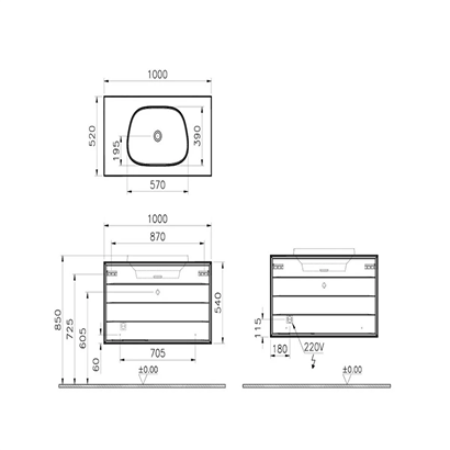Vitra Frame Lavabo Dolabı 100 Cm, İki Çekmeceli Tezgahüstü TvShape Lavabolu, Armatür Deliksiz, Mat Soft Beyaz & Dore Meşe