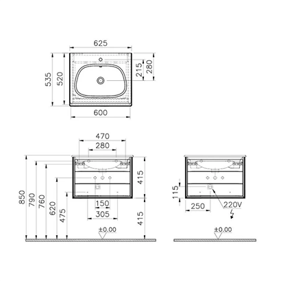 Vitra Frame Lavabo Dolabı 60 Cm, Bir Çekmeceli Beyaz Etajerli Lavabolu, Mat Soft Bej & Moka Meşe