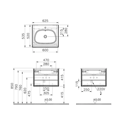 Vitra Frame Lavabo Dolabı 60 Cm, Bir Çekmeceli Beyaz Etajerli Lavabolu, Mat Soft Beyaz & Dore Meşe