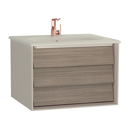 Vitra Frame Lavabo Dolabı 60 Cm, Bir Çekmeceli Mat Taupe Etajerli Lavabolu, Mat Soft Bej & Moka Meşe