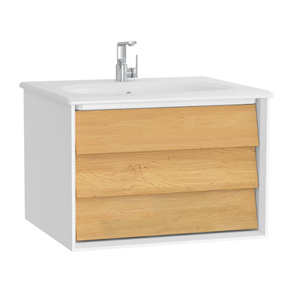 Vitra Frame Lavabo Dolabı 60 Cm, Bir Çekmeceli Beyaz Etajerli Lavabolu, Mat Soft Beyaz & Dore Meşe