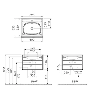 Vitra Frame Lavabo Dolabı 60 Cm, Bir Çekmeceli Mat Taupe Etajerli Lavabolu, Mat Soft Bej & Moka Meşe