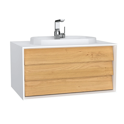 Vitra Frame Lavabo Dolabı 80 Cm, Bir Çekmeceli Tezgahüstü TvShape Lavabolu, Armatür Delikli, Mat Soft Beyaz & Dore Meşe
