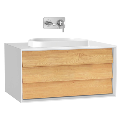 Vitra Frame Lavabo Dolabı 80 Cm, Bir Çekmeceli Tezgahüstü TvShape Lavabolu, Armatür Deliksiz, Mat Soft Beyaz & Dore Meşe