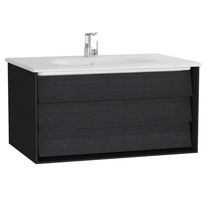 Vitra Frame Lavabo Dolabı 80 Cm, Bir Çekmeceli Beyaz Etajerli Lavabolu, Mat Soft Siyah & Hareli Siyah Meşe