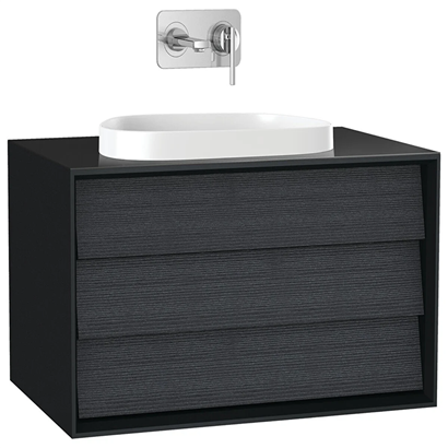 Vitra Frame Lavabo Dolabı 80 Cm, Bir Çekmeceli Tezgahüstü TvShape Lavabolu, Armatür Deliksiz, Mat Soft Siyah & Hareli Siyah Meşe