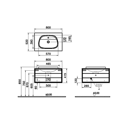 Vitra Frame Lavabo Dolabı 80 Cm, Bir Çekmeceli Tezgahüstü TvShape Lavabolu, Armatür Delikli, Mat Soft Beyaz & Dore Meşe