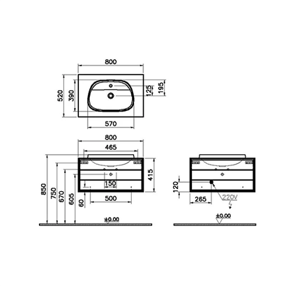 Vitra Frame Lavabo Dolabı 80 Cm, Bir Çekmeceli Tezgahüstü TvShape Lavabolu, Armatür Delikli, Mat Soft Bej & Moka Meşe