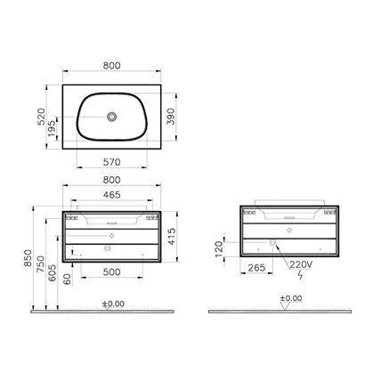 Vitra Frame Lavabo Dolabı 80 Cm, Bir Çekmeceli Tezgahüstü TvShape Lavabolu, Armatür Deliksiz, Mat Soft Siyah & Hareli Siyah Meşe