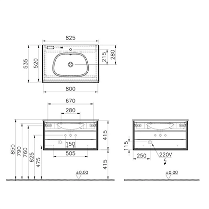 Vitra Frame Lavabo Dolabı 80 Cm, Bir Çekmeceli Beyaz Etajerli Lavabolu, Mat Soft Siyah & Hareli Siyah Meşe
