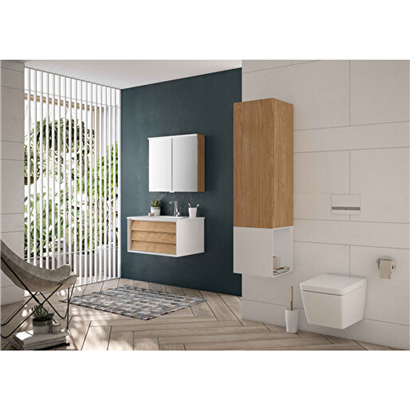 Vitra Frame Lavabo Dolabı 80 Cm, İki Çekmeceli Beyaz Etajerli Lavabolu, Mat Soft Beyaz & Dore Meşe