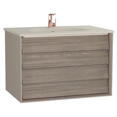 Vitra Frame Lavabo Dolabı 80 Cm, İki Çekmeceli Mat Taupe Etajerli Lavabolu, Mat Soft Bej & Moka Meşe