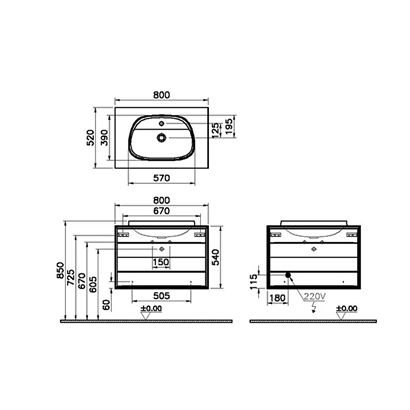 Vitra Frame Lavabo Dolabı 80 Cm, İki Çekmeceli Tezgahüstü TvShape Lavabolu, Armatür Delikli, Mat Soft Siyah & Hareli Siyah Meşe