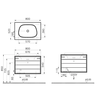 Vitra Frame Lavabo Dolabı 80 Cm, İki Çekmeceli Tezgahüstü TvShape Lavabolu, Armatür Deliksiz, Mat Soft Beyaz & Dore Meşe
