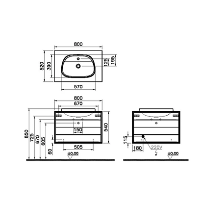 Vitra Frame Lavabo Dolabı 80 Cm, İki Çekmeceli Tezgahüstü TvShape Lavabolu, Armatür Delikli, Mat Soft Bej & Moka Meşe