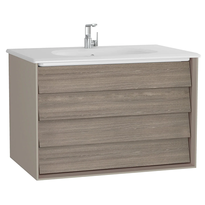 Vitra Frame Lavabo Dolabı 80 Cm, İki Çekmeceli Beyaz Etajerli Lavabolu, Mat Soft Bej & Moka Meşe