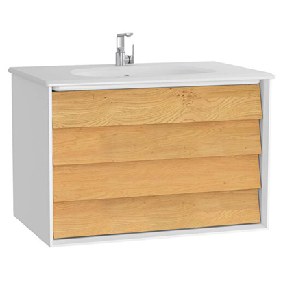Vitra Frame Lavabo Dolabı 80 Cm, İki Çekmeceli Beyaz Etajerli Lavabolu, Mat Soft Beyaz & Dore Meşe