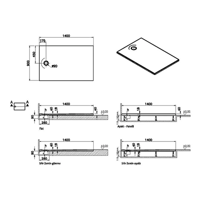 Vitra Leaf Dikdörtgen Duş Teknesi 140x90 cm, Dokulu Gri