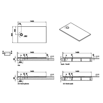 Vitra Leaf Dikdörtgen Duş Teknesi 140x80 cm, Dokulu Antrasit