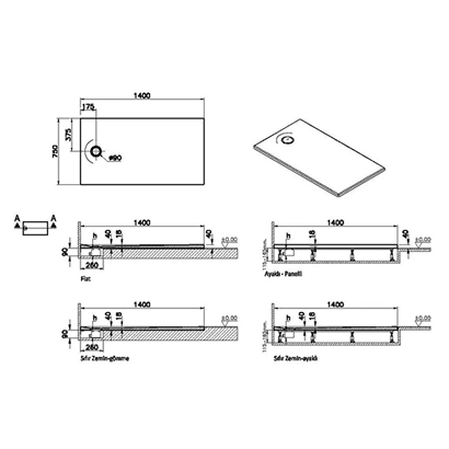 Vitra Leaf Dikdörtgen Duş Teknesi 140x75 cm, Dokulu Antrasit