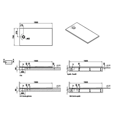 Vitra Leaf Dikdörtgen Duş Teknesi 150x75 cm, Dokulu Gri