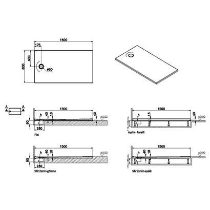 Vitra Leaf Dikdörtgen Duş Teknesi 150x80 cm, Dokulu Gri