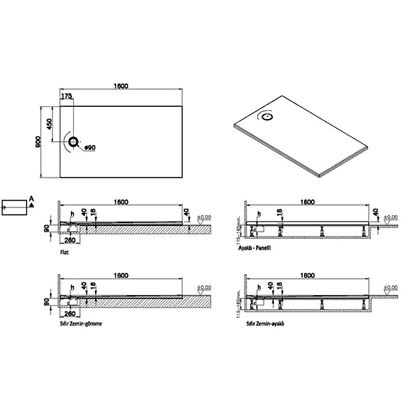 Vitra Leaf Dikdörtgen Duş Teknesi 160x90 cm, Dokulu Gri