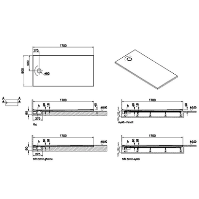 Vitra Leaf Dikdörtgen Duş Teknesi 170x80 cm, Dokulu Gri