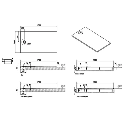 Vitra Leaf Dikdörtgen Duş Teknesi 170x90 cm, Dokulu Antrasit