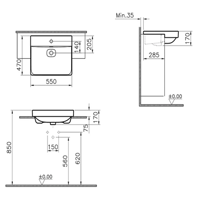 Vitra Metropole Beyaz Yarım Tezgah Lavabo 55 Cm