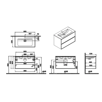 Vitra Metropole Edge Lavabo Dolabı 100 Cm, İki Çekmeceli Etajerli Lavabolu, Siyah Meşe