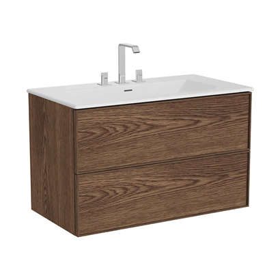 Vitra Metropole Edge Lavabo Dolabı 100 Cm, İki Çekmeceli Etajerli Lavabolu, Üç Armatür Delikli, Ceviz