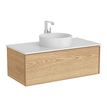 Vitra Metropole Edge Lavabo Dolabı 100 Cm, Bir Çekmeceli Mat Beyaz Çanak Lavabolu Ve Seramik Tezgahlı, Açık Meşe