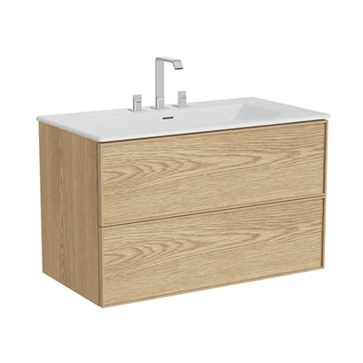 Vitra Metropole Edge Lavabo Dolabı 100 Cm, İki Çekmeceli Etajerli Lavabolu, Üç Armatür Delikli, Açık Meşe