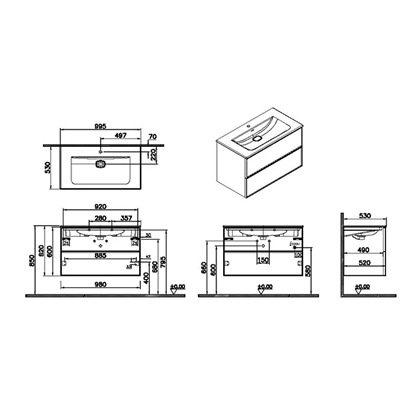 Vitra Metropole Edge Lavabo Dolabı 100 Cm, İki Çekmeceli Etajerli Lavabolu, Ceviz